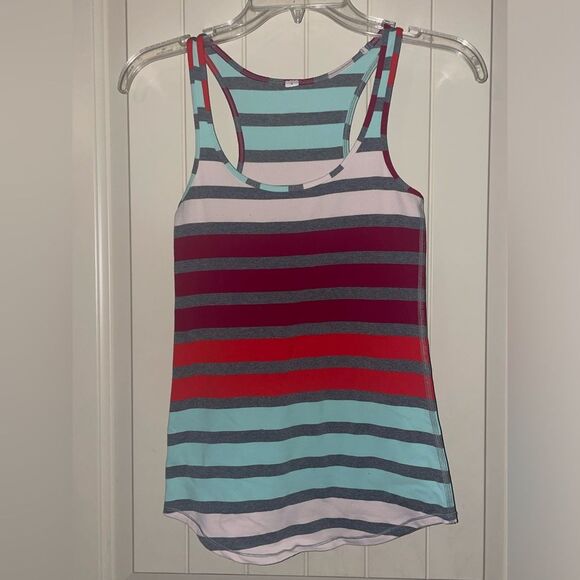 Size 4 Lululemon racerback striped athletic tank top white teal red horizontal - Picture 1 of 11